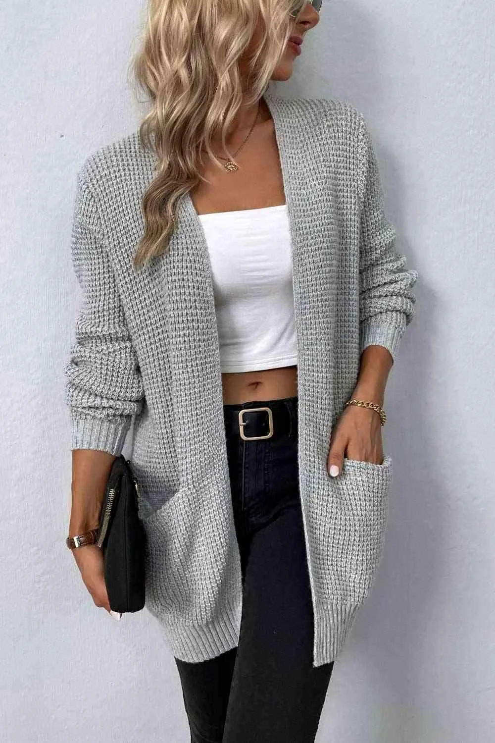 Rib-Knit Open Front Cardigan w/ Pockets