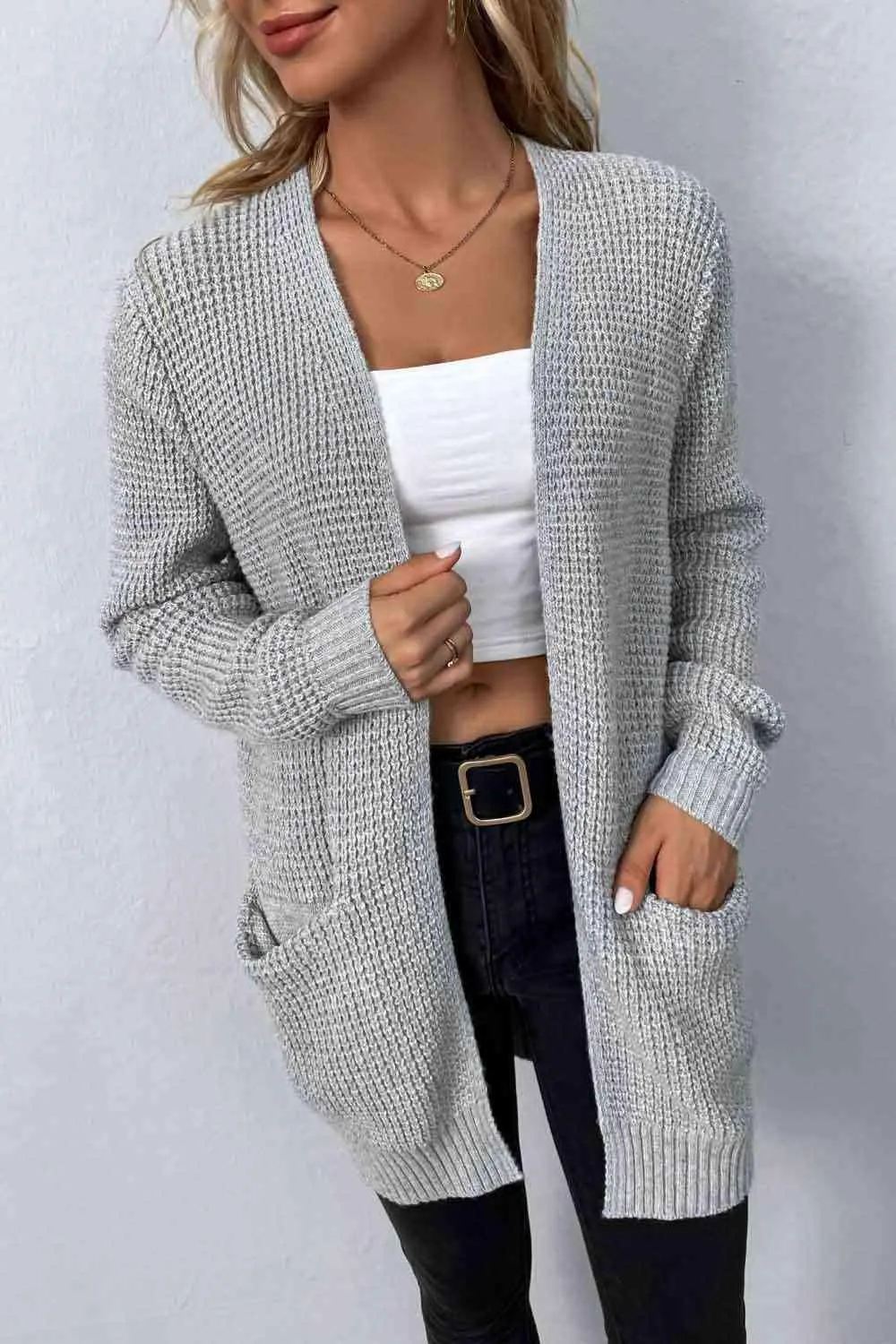 Rib-Knit Open Front Cardigan w/ Pockets