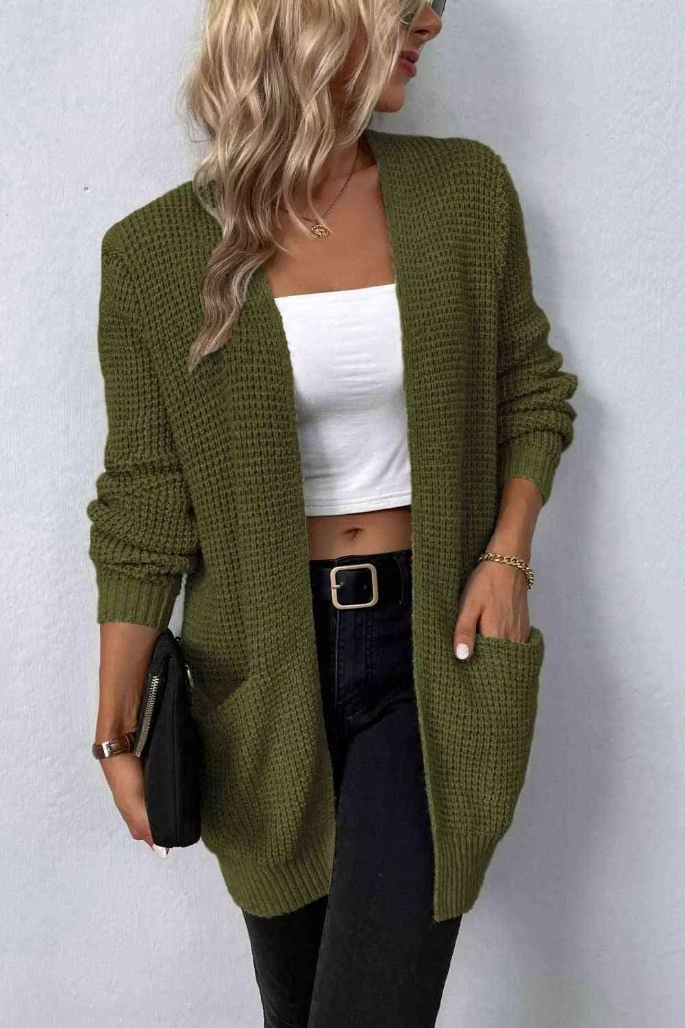 Rib-Knit Open Front Cardigan w/ Pockets