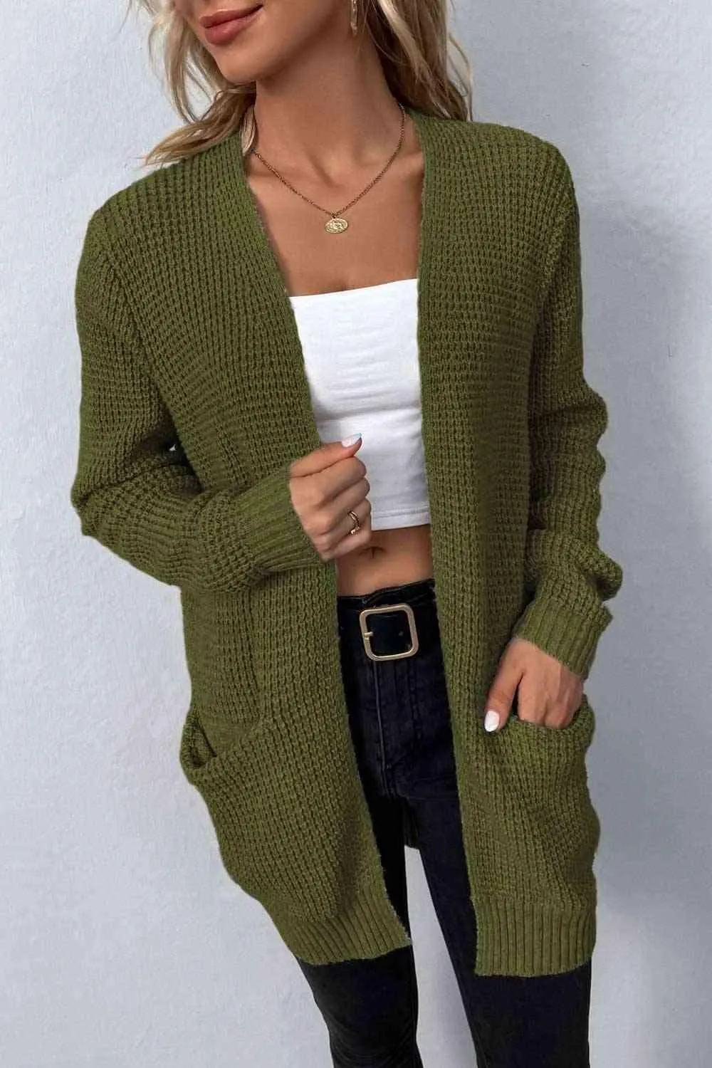 Rib-Knit Open Front Cardigan w/ Pockets