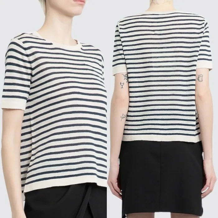 S Max Mara  |Crew Neck Stripes Linen Short Sleeves Elegant Style