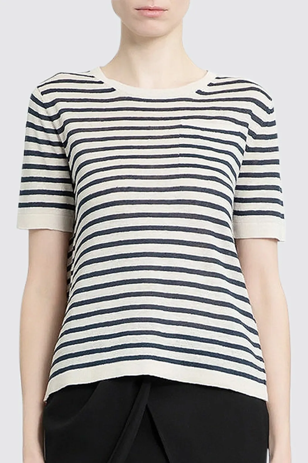 S Max Mara  |Crew Neck Stripes Linen Short Sleeves Elegant Style