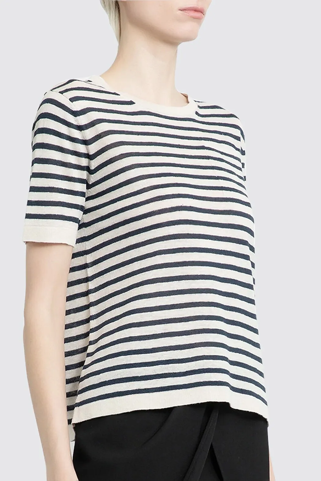 S Max Mara  |Crew Neck Stripes Linen Short Sleeves Elegant Style