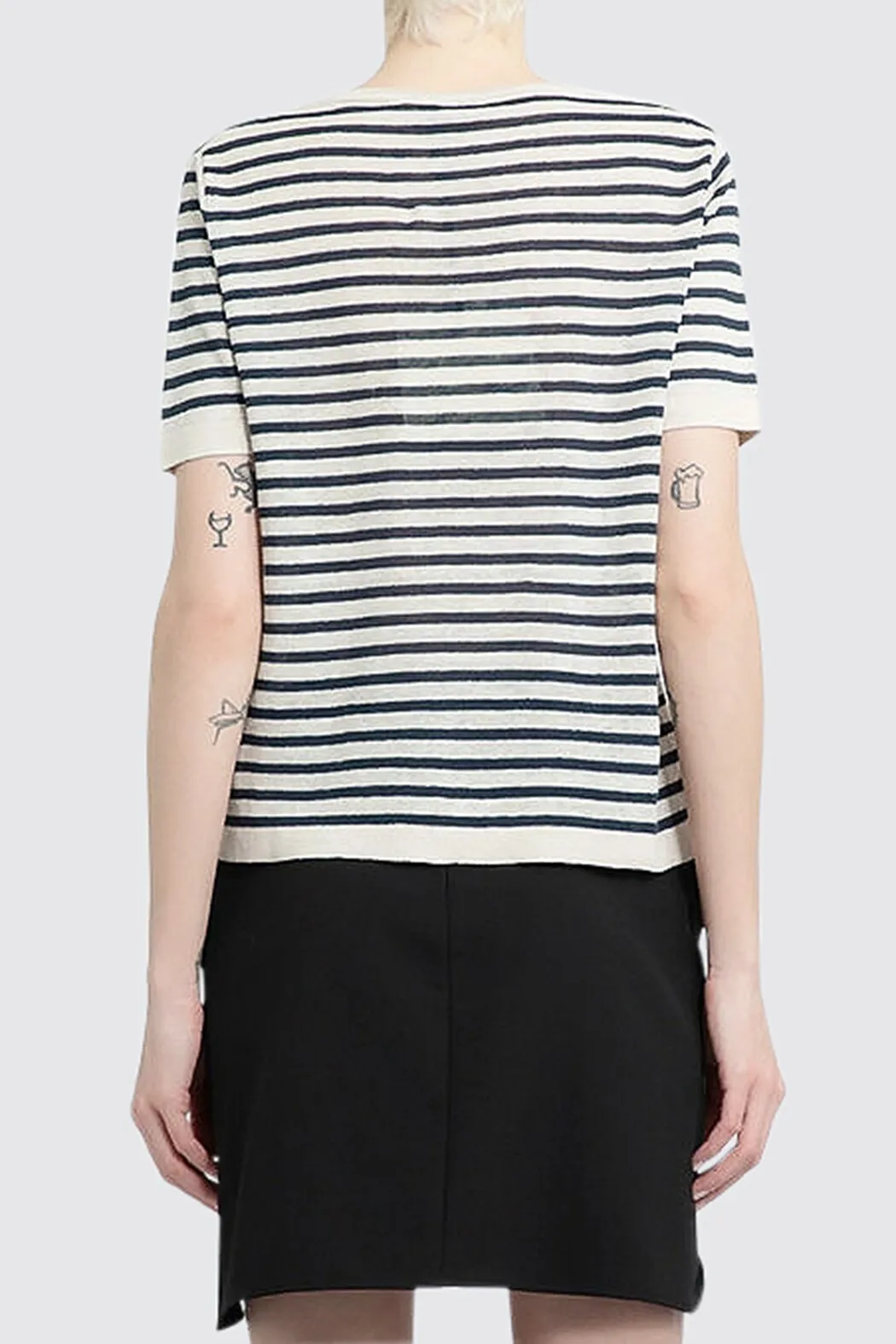 S Max Mara  |Crew Neck Stripes Linen Short Sleeves Elegant Style