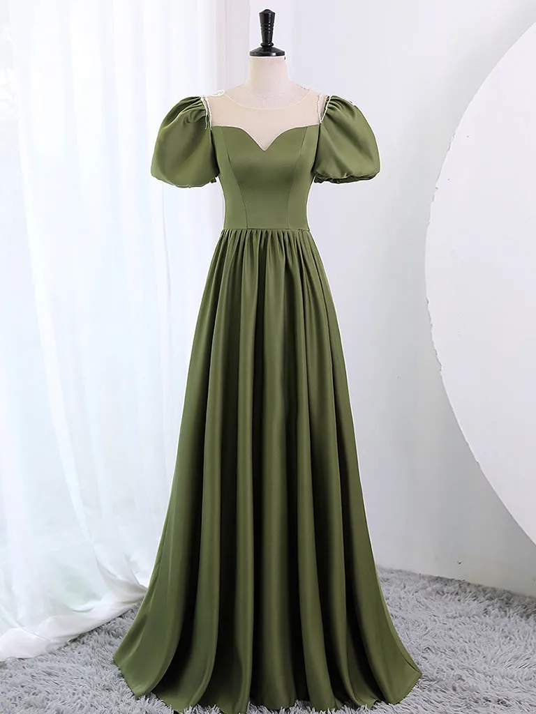 Sage Green Satin A-line Long Prom Dress with Bubble Short Sleeves