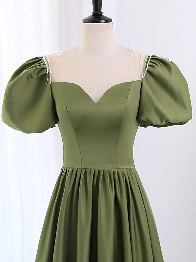 Sage Green Satin A-line Long Prom Dress with Bubble Short Sleeves