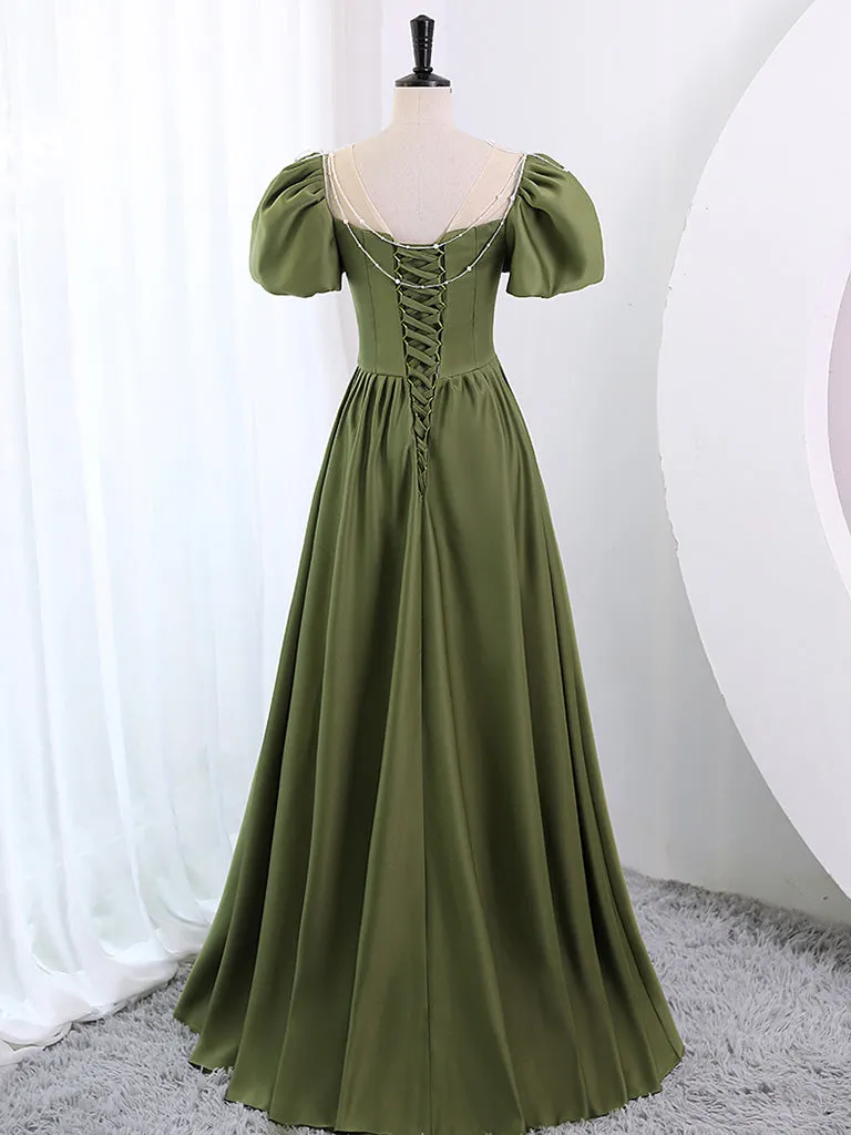 Sage Green Satin A-line Long Prom Dress with Bubble Short Sleeves