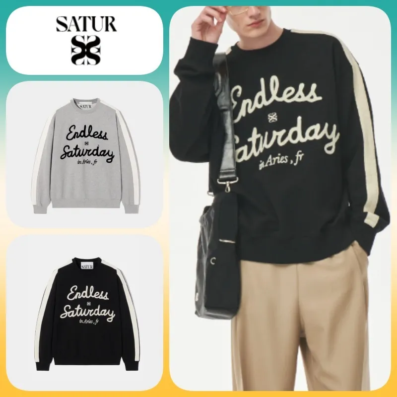 SATUR  |Unisex U-Neck Long Sleeves Cotton Logo Sweatshirts