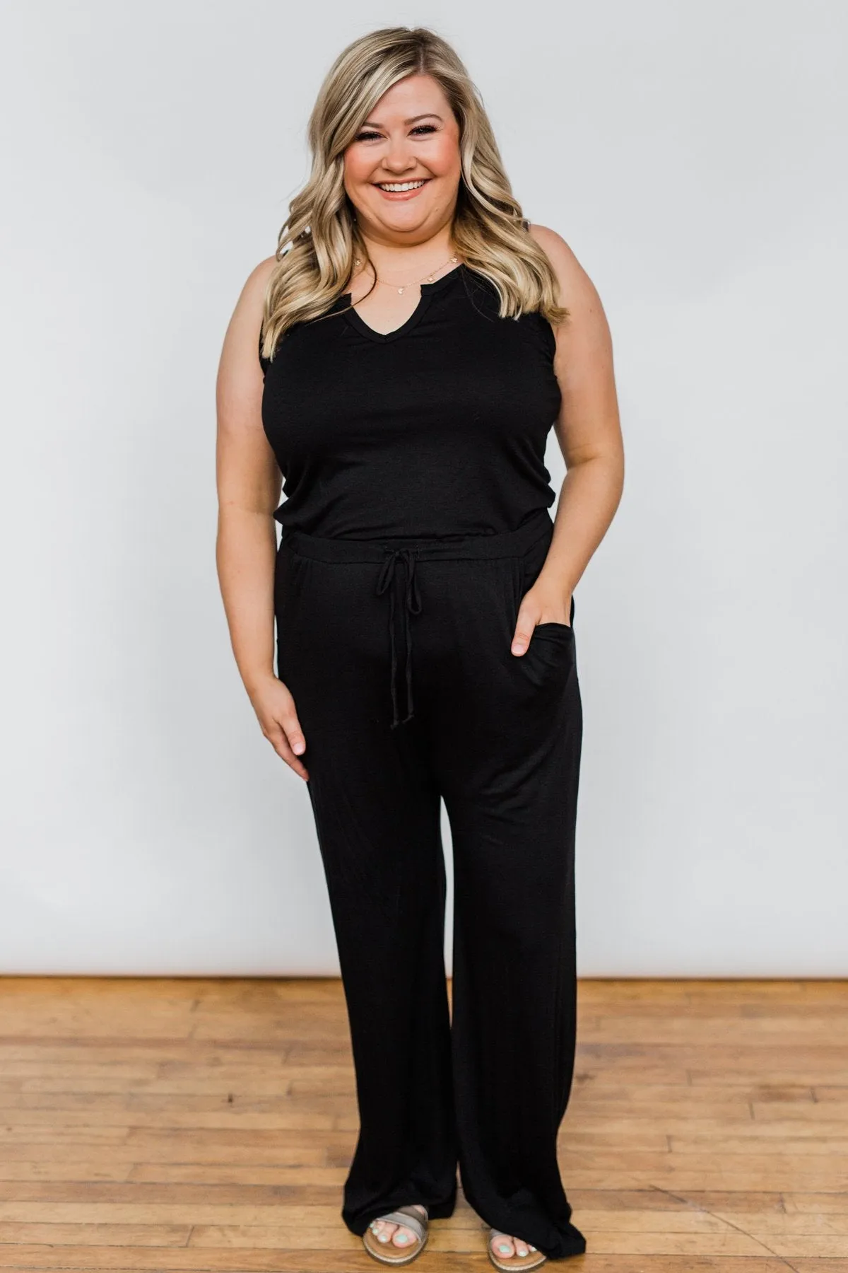 Sleeveless V-Neck Drawstring Jumpsuit- Black