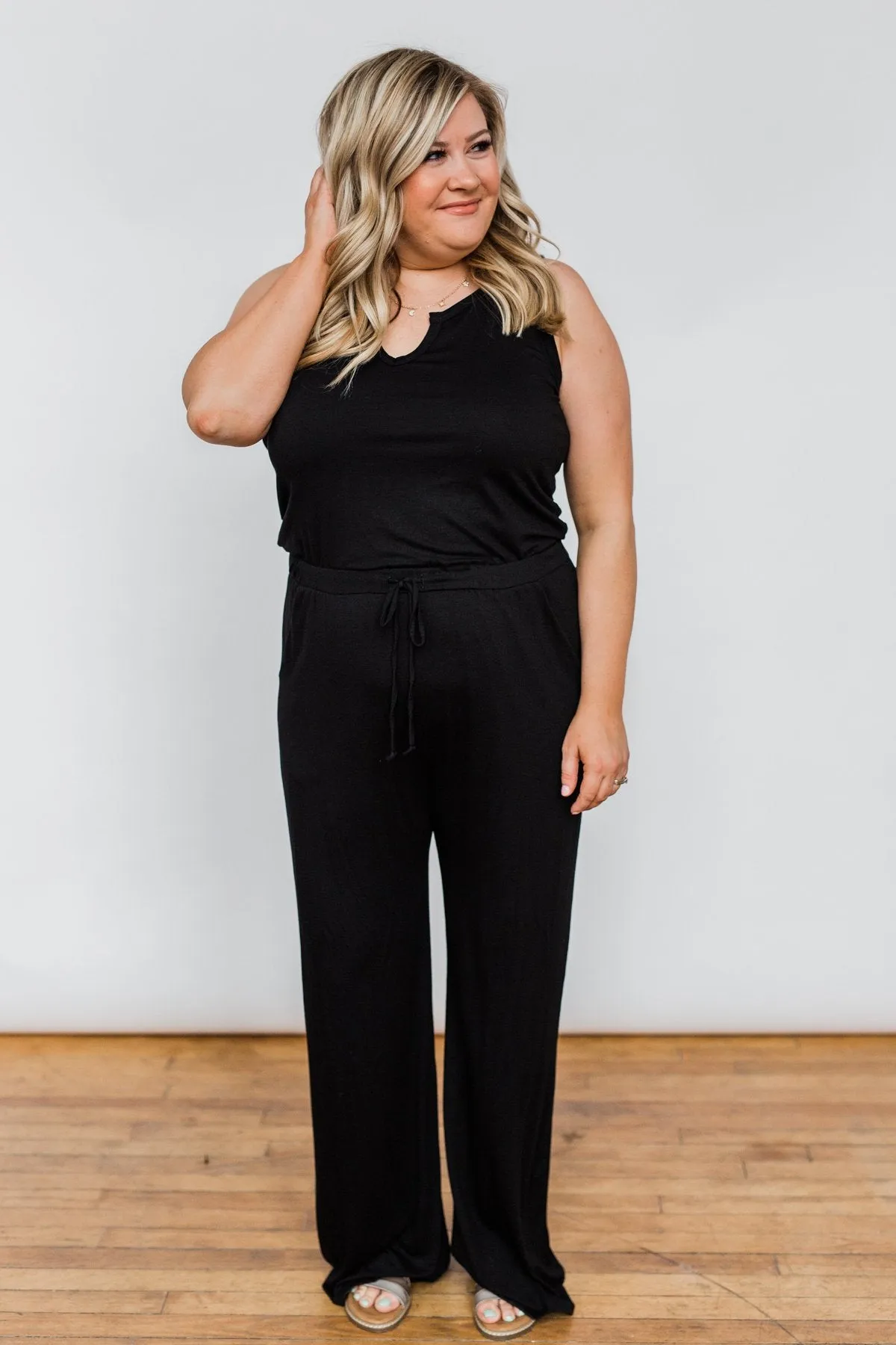 Sleeveless V-Neck Drawstring Jumpsuit- Black