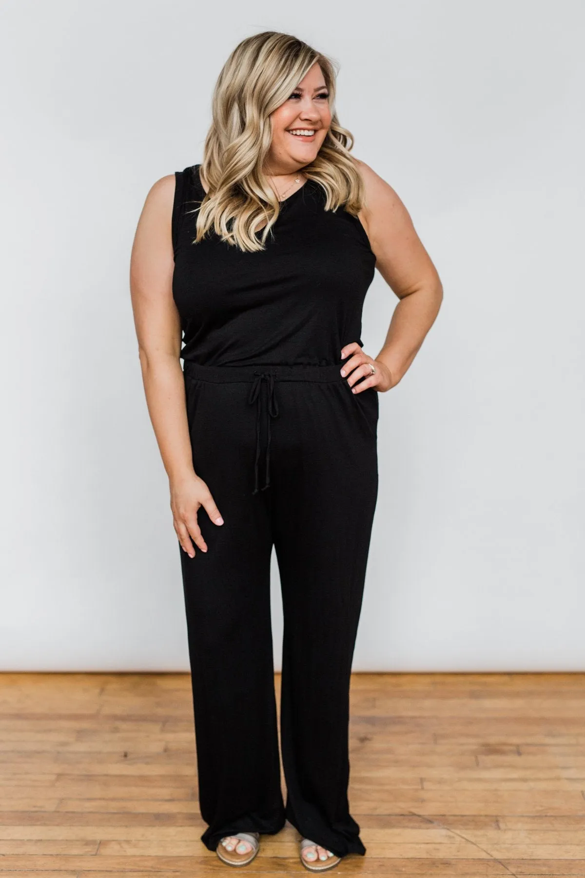 Sleeveless V-Neck Drawstring Jumpsuit- Black