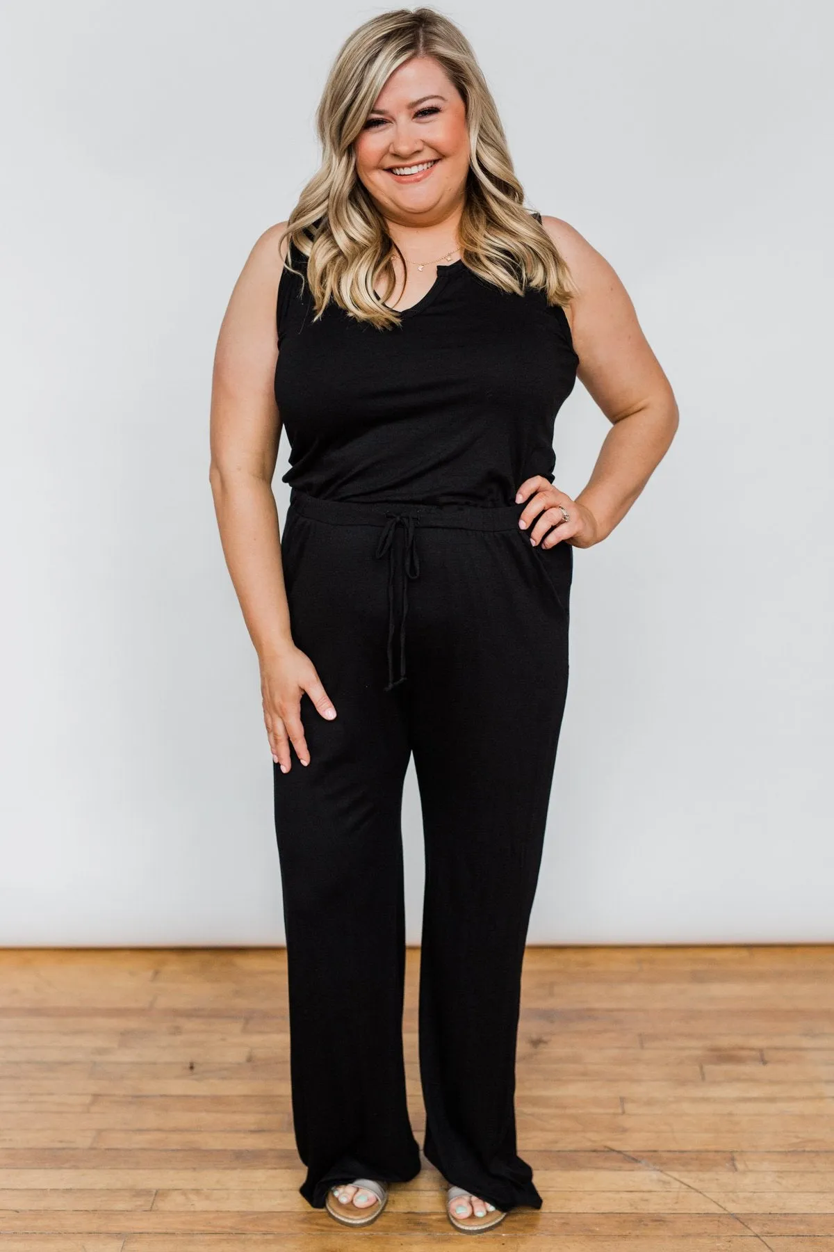 Sleeveless V-Neck Drawstring Jumpsuit- Black