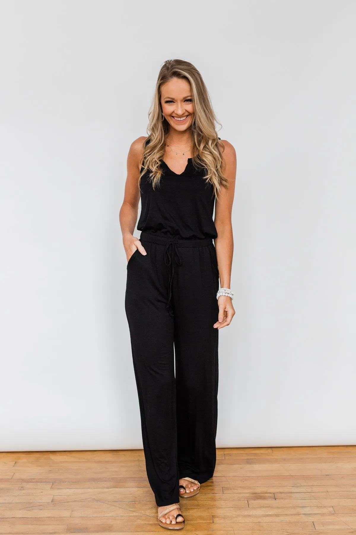 Sleeveless V-Neck Drawstring Jumpsuit- Black