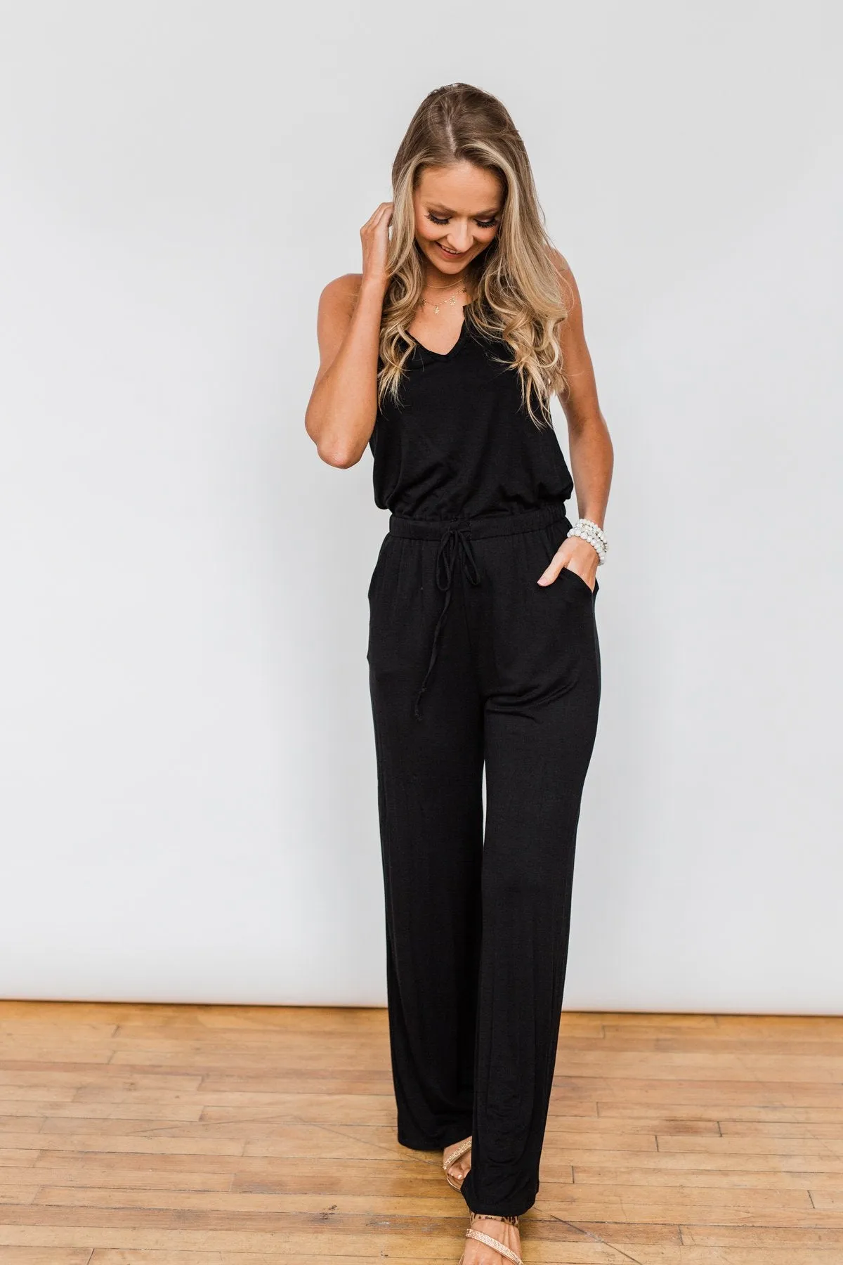 Sleeveless V-Neck Drawstring Jumpsuit- Black