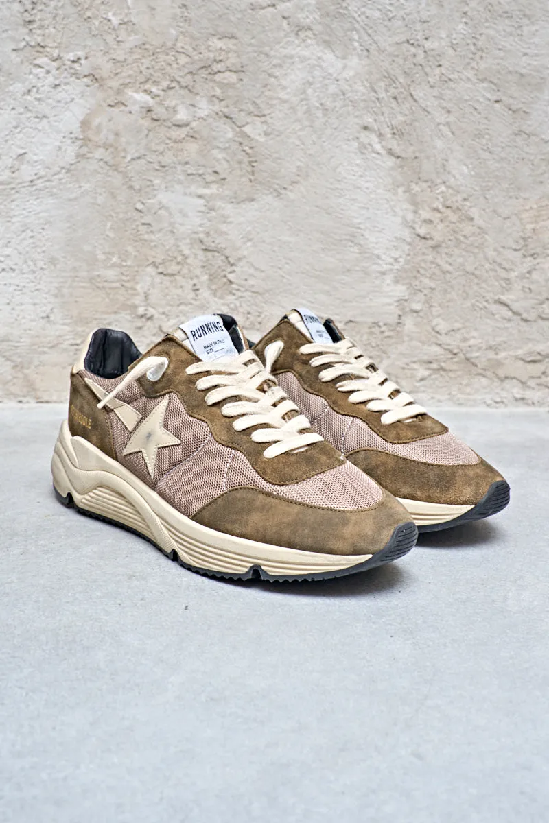 Sneaker Running Sole uomo in rete e pelle color verde oliva con stella e talloncino in pelle color crema