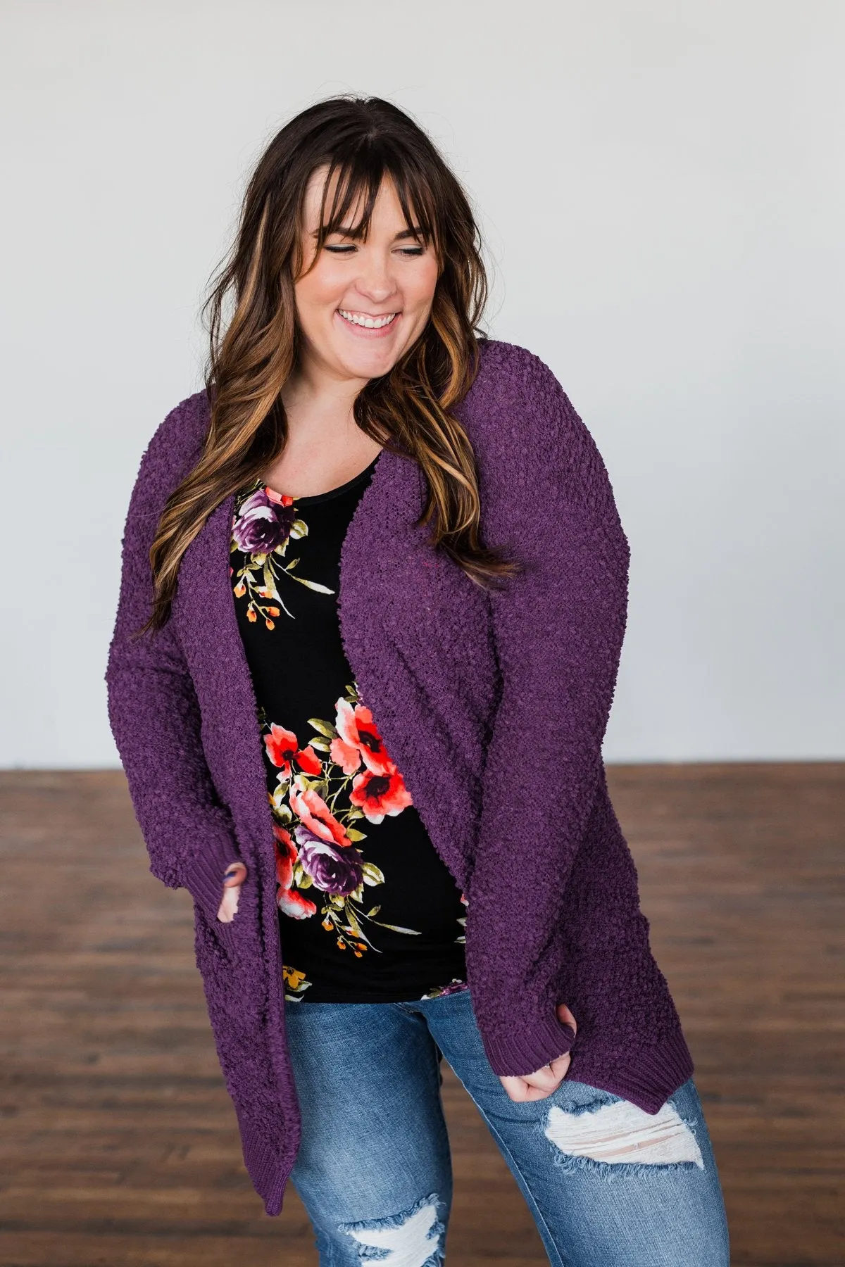 Stealing Glances Popcorn Knit Cardigan- Eggplant