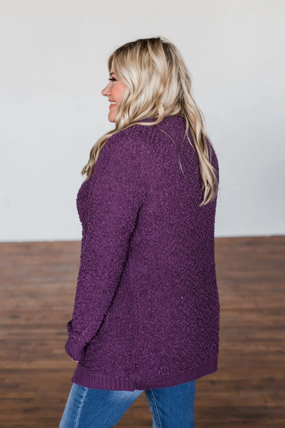 Stealing Glances Popcorn Knit Cardigan- Eggplant