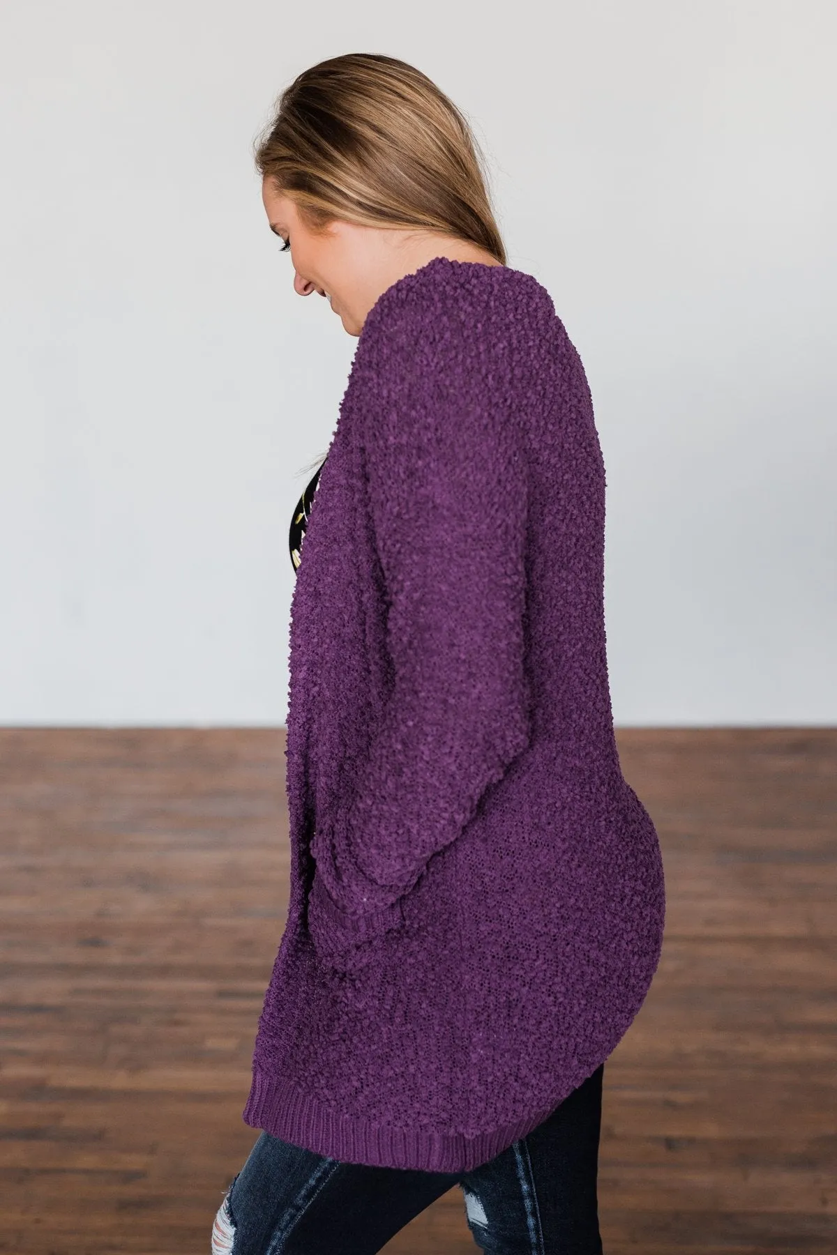 Stealing Glances Popcorn Knit Cardigan- Eggplant