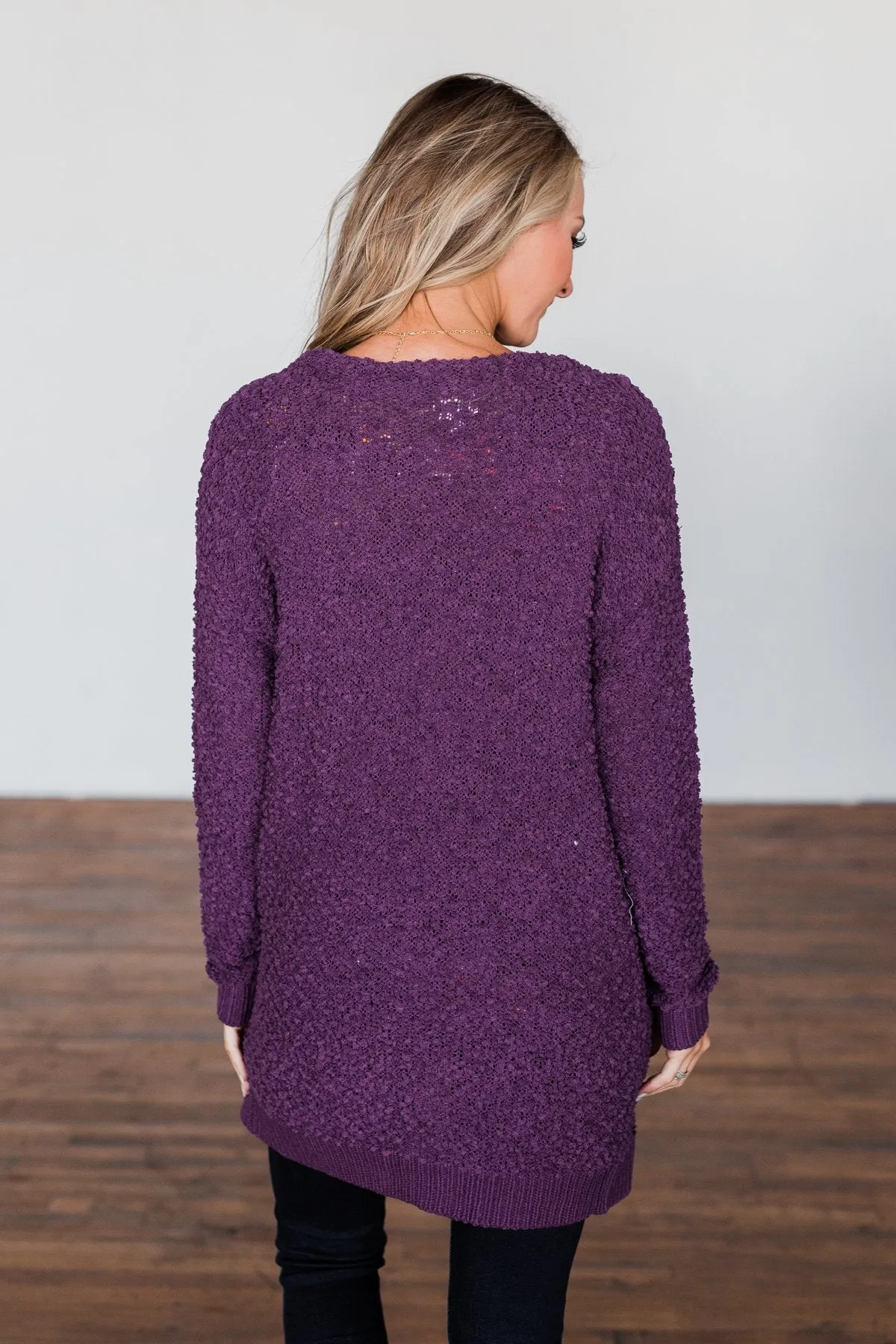 Stealing Glances Popcorn Knit Cardigan- Eggplant