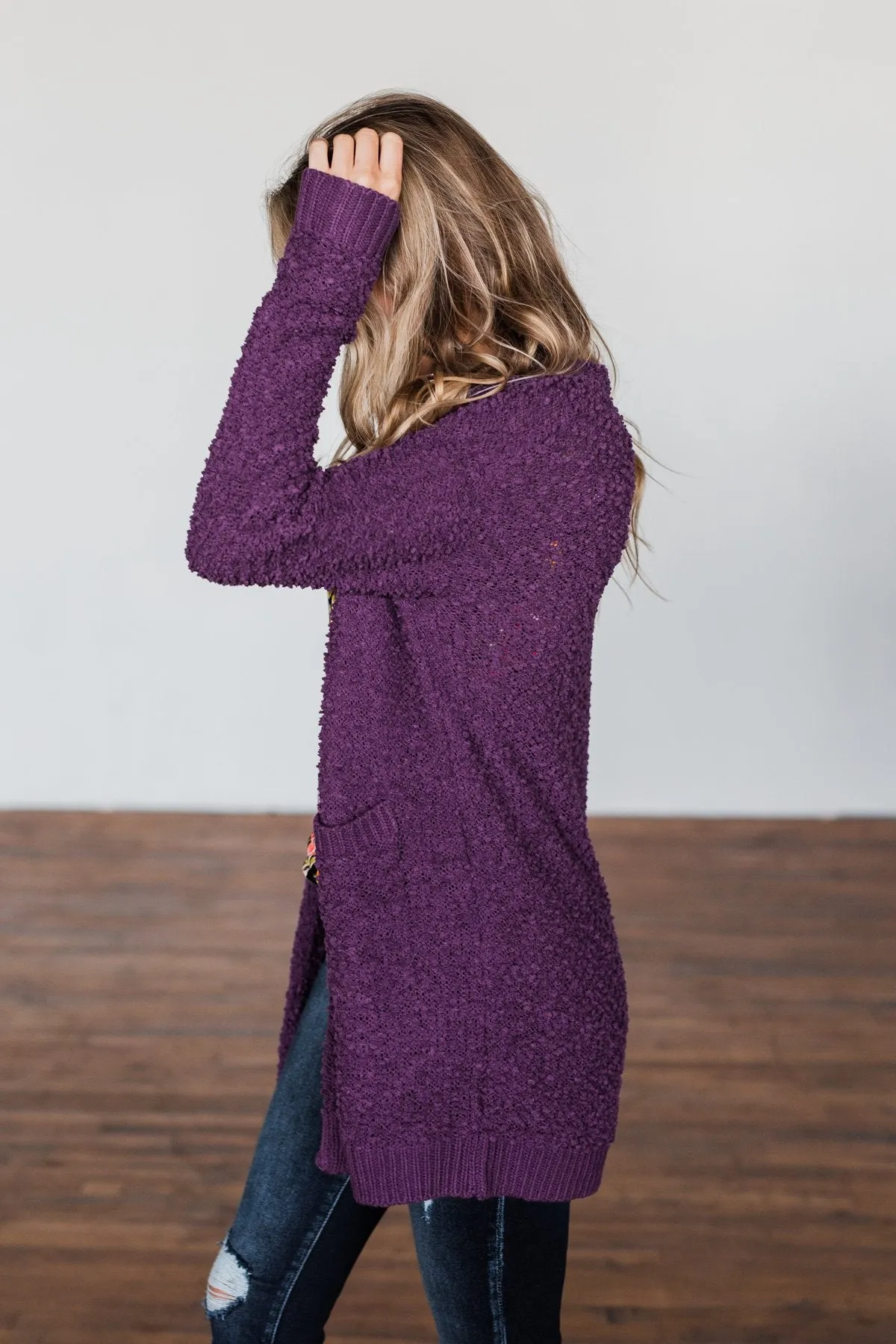 Stealing Glances Popcorn Knit Cardigan- Eggplant