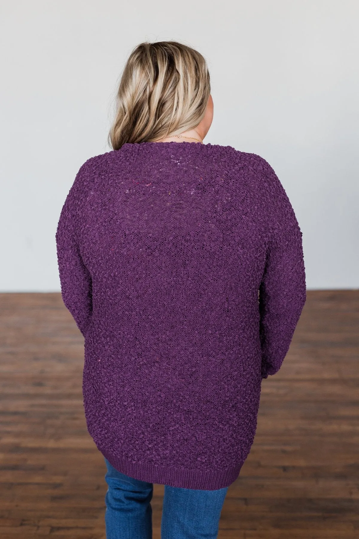 Stealing Glances Popcorn Knit Cardigan- Eggplant