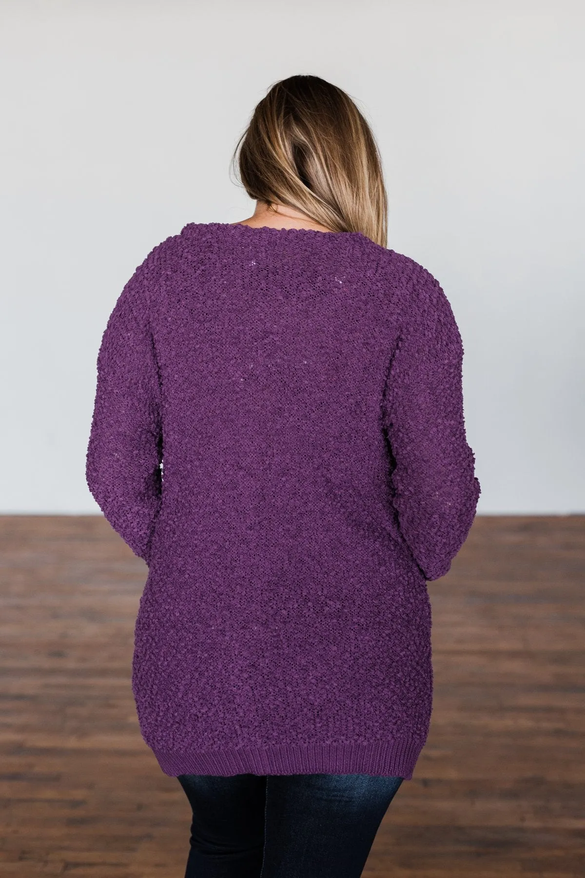 Stealing Glances Popcorn Knit Cardigan- Eggplant