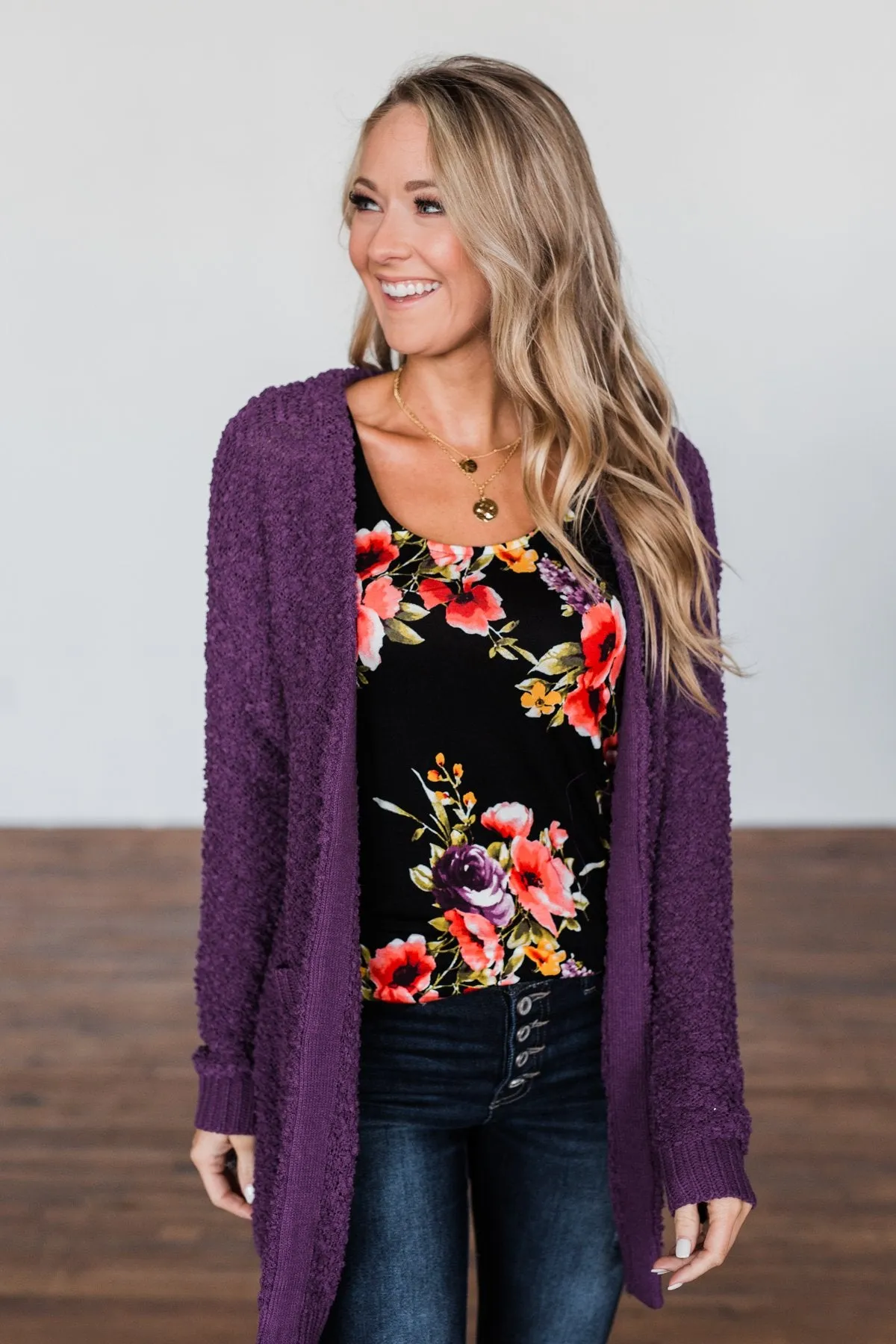 Stealing Glances Popcorn Knit Cardigan- Eggplant