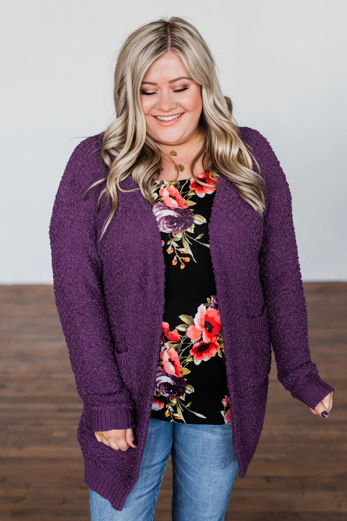 Stealing Glances Popcorn Knit Cardigan- Eggplant