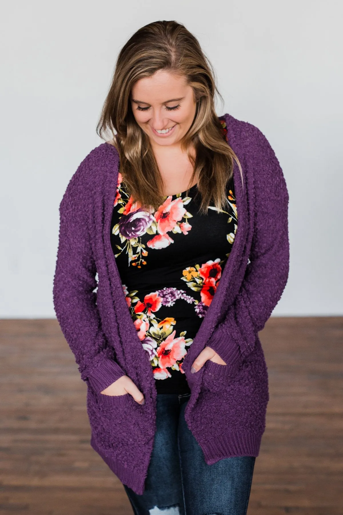 Stealing Glances Popcorn Knit Cardigan- Eggplant