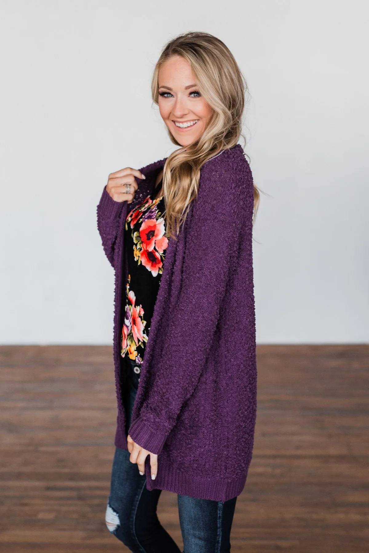 Stealing Glances Popcorn Knit Cardigan- Eggplant