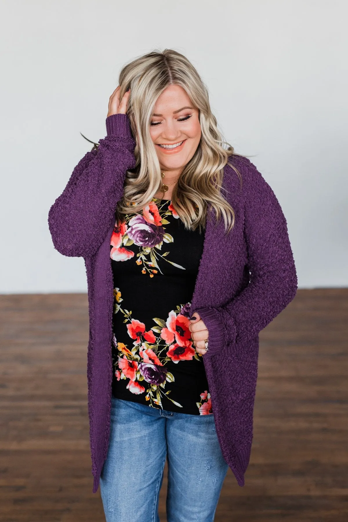 Stealing Glances Popcorn Knit Cardigan- Eggplant