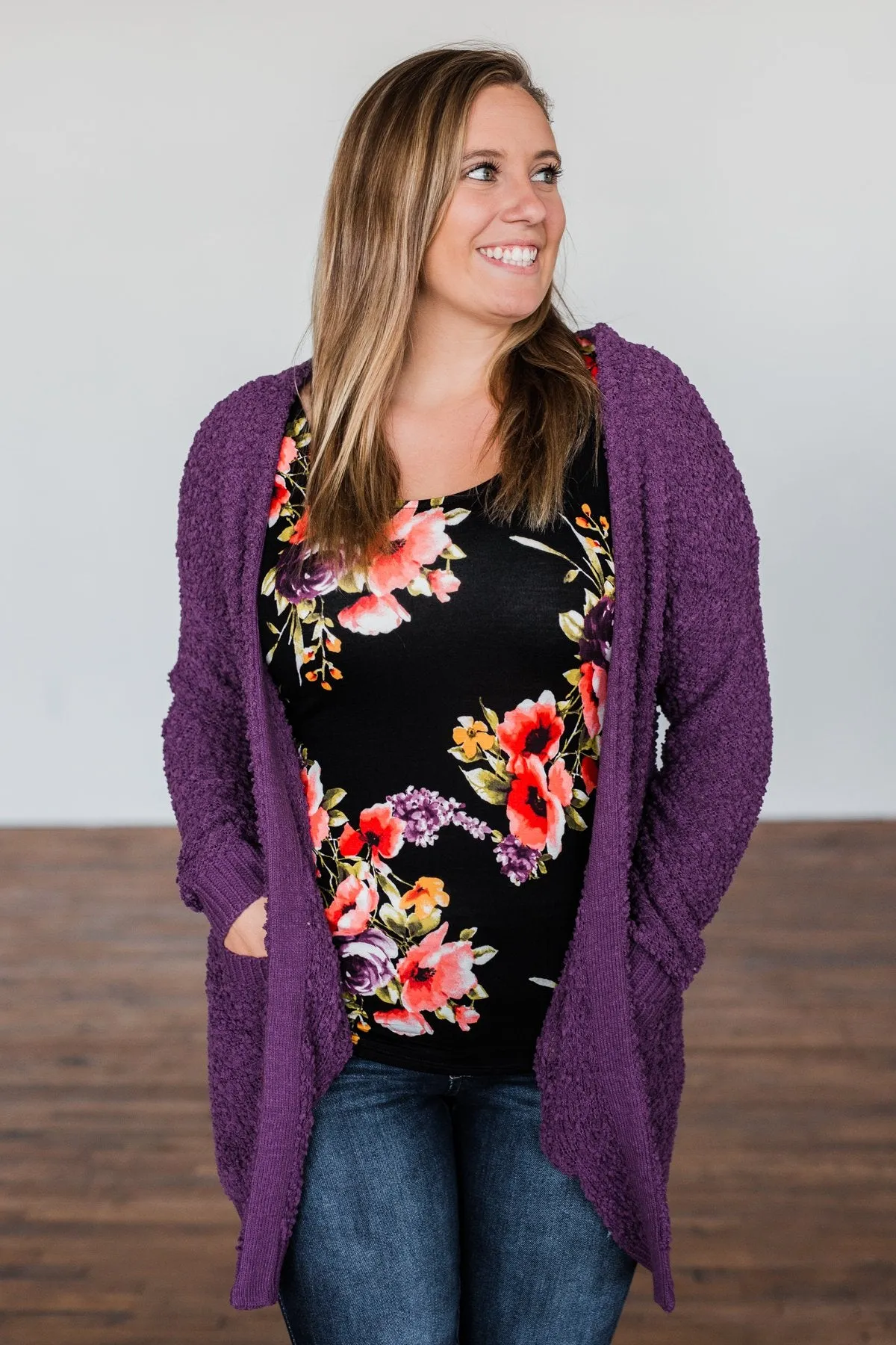 Stealing Glances Popcorn Knit Cardigan- Eggplant