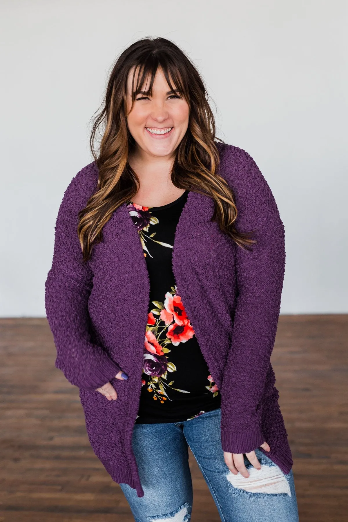 Stealing Glances Popcorn Knit Cardigan- Eggplant