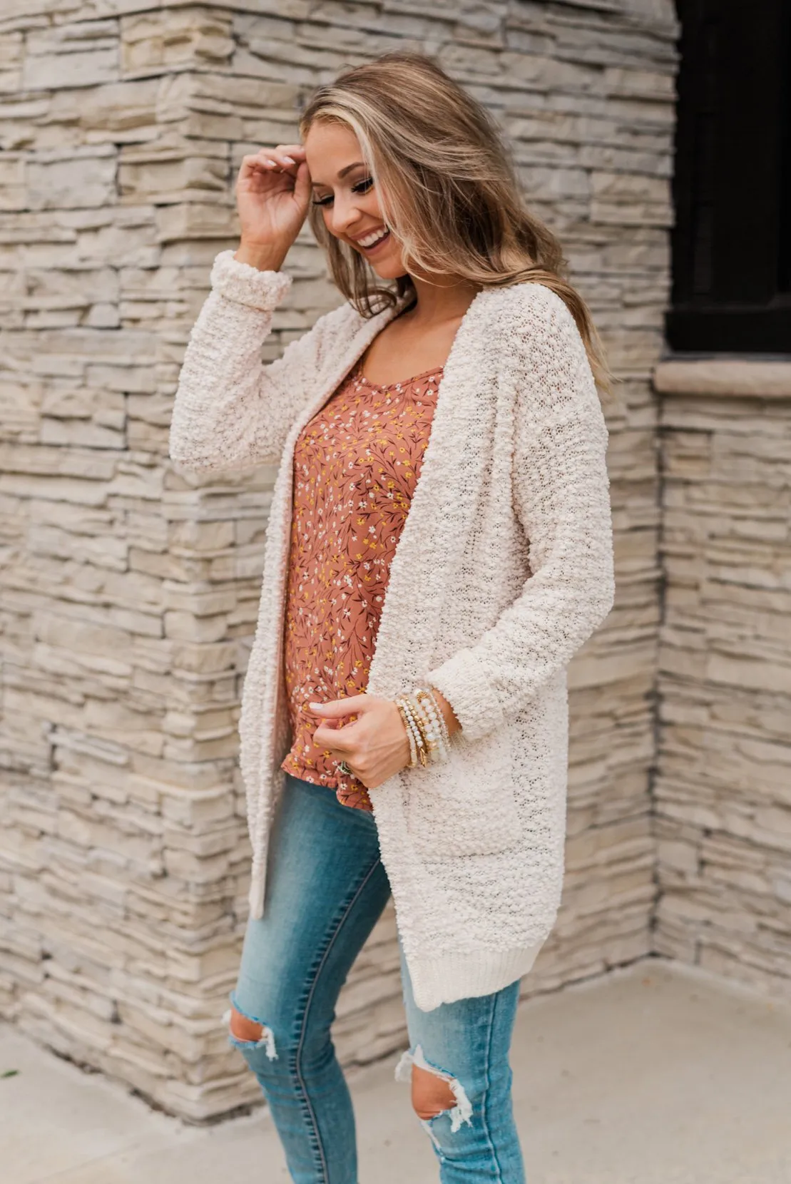 Stealing Glances Popcorn Knit Cardigan- Ivory