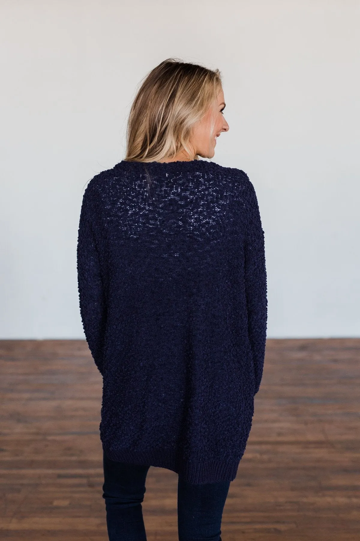 Stealing Glances Popcorn Knit Cardigan- Navy