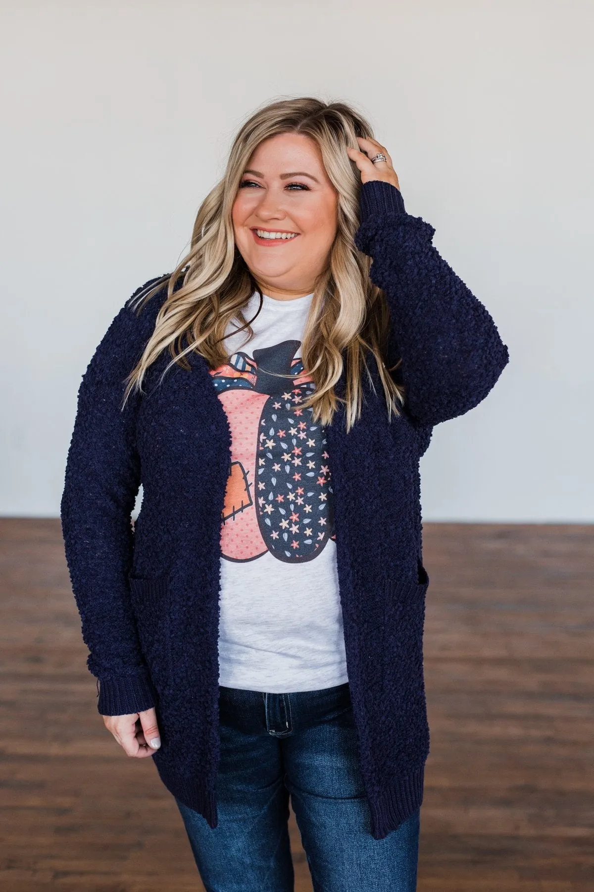 Stealing Glances Popcorn Knit Cardigan- Navy