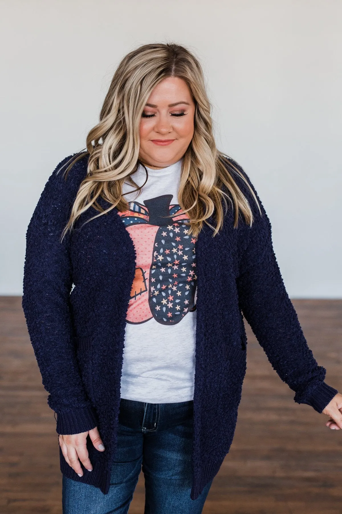 Stealing Glances Popcorn Knit Cardigan- Navy