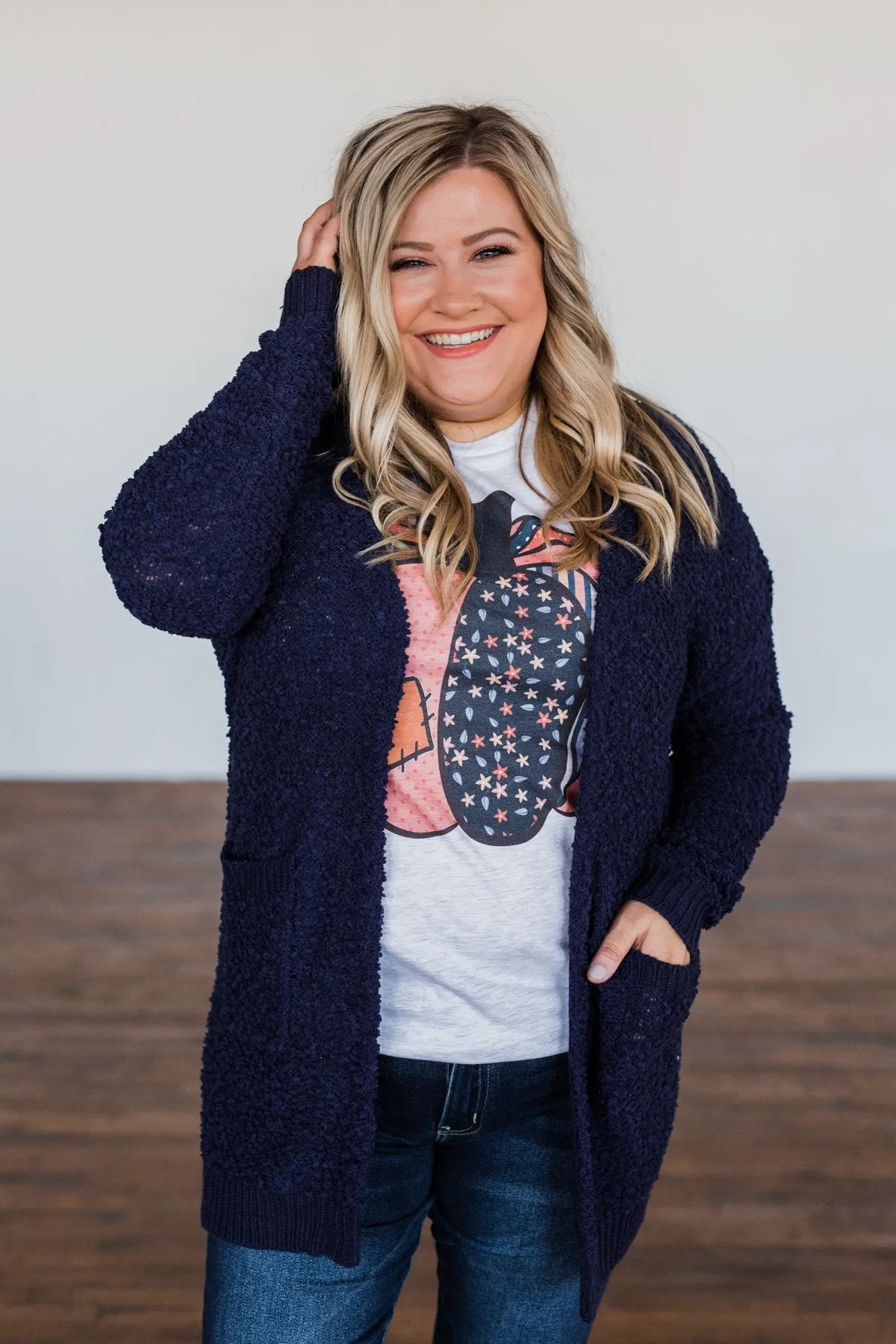 Stealing Glances Popcorn Knit Cardigan- Navy