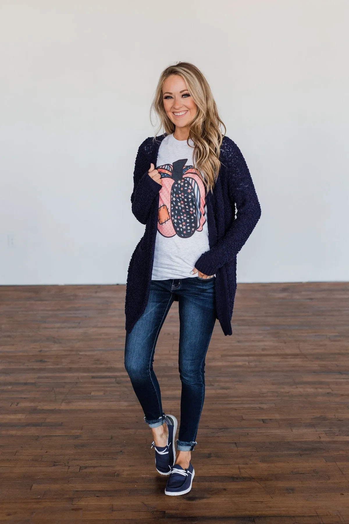 Stealing Glances Popcorn Knit Cardigan- Navy