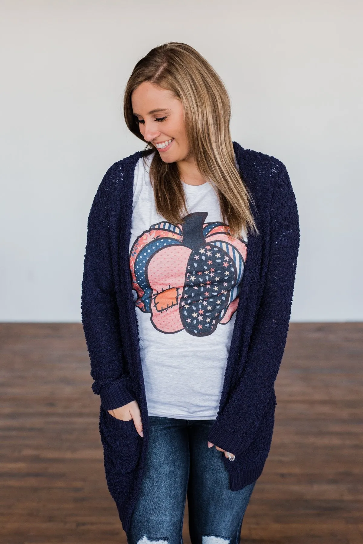 Stealing Glances Popcorn Knit Cardigan- Navy