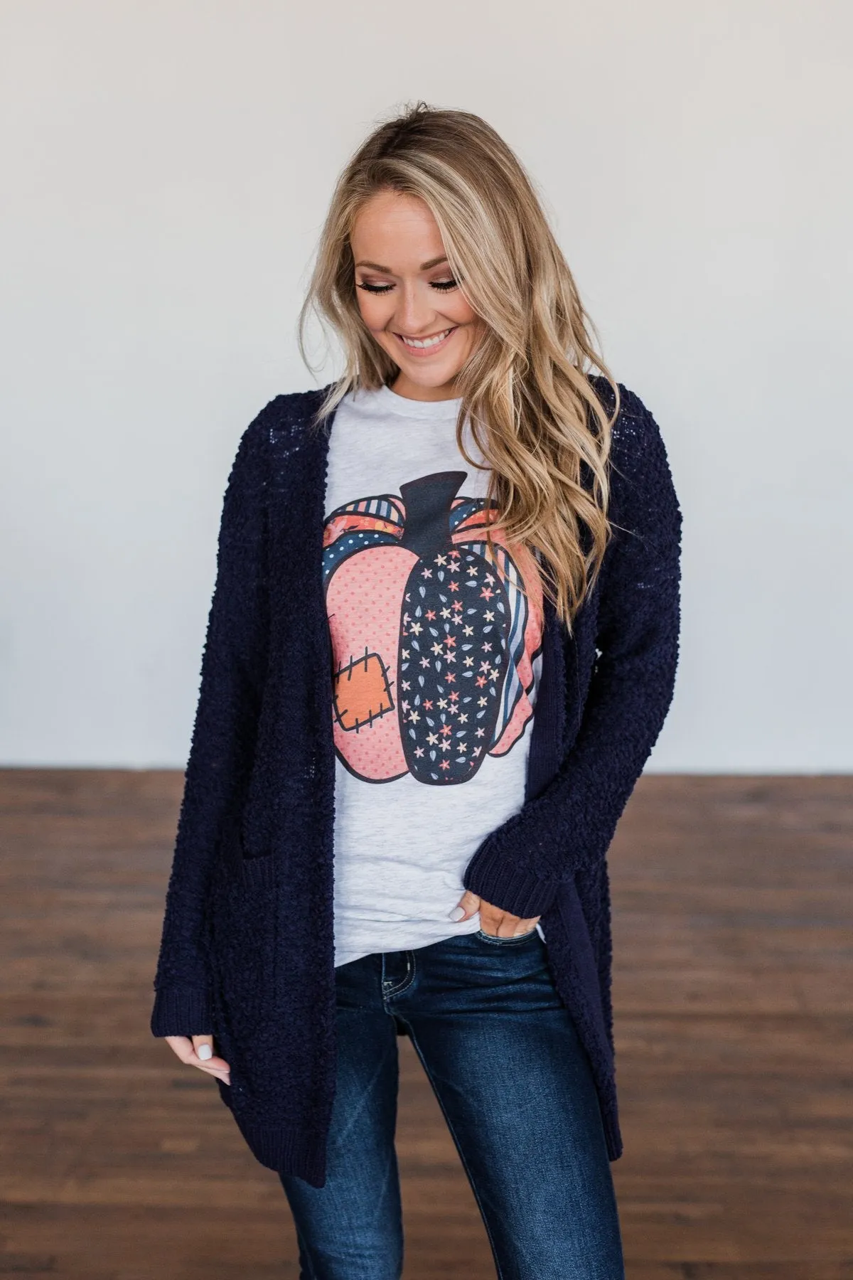 Stealing Glances Popcorn Knit Cardigan- Navy