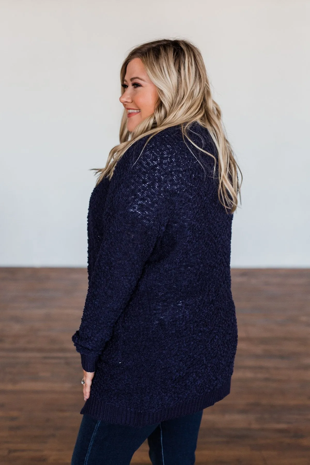 Stealing Glances Popcorn Knit Cardigan- Navy