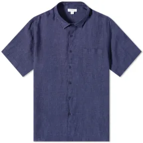 Sunspel Linen Short Sleeve ShirtNavy Melange