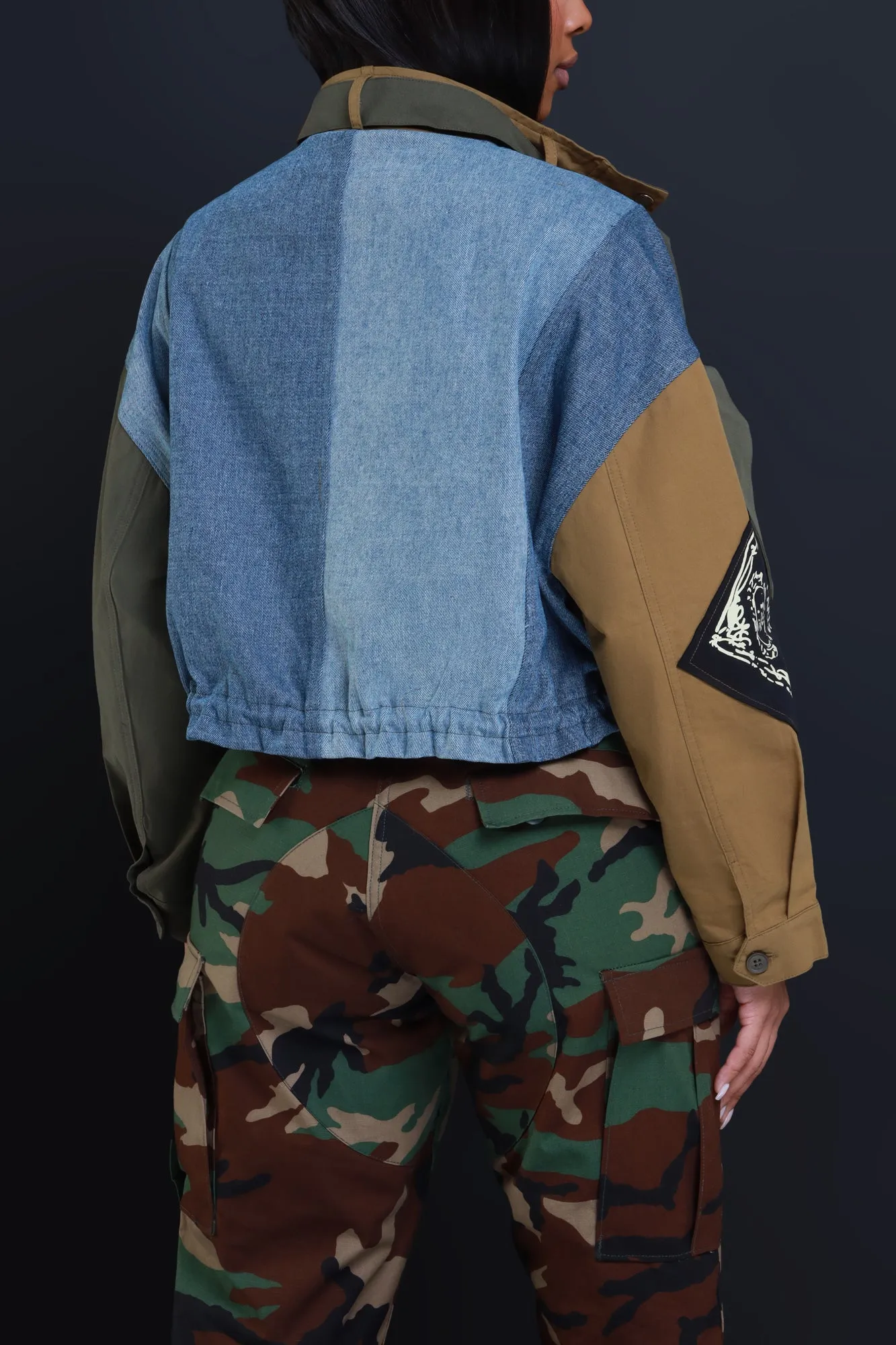 Survive Cropped Contrast Denim Jacket - Brown/Blue