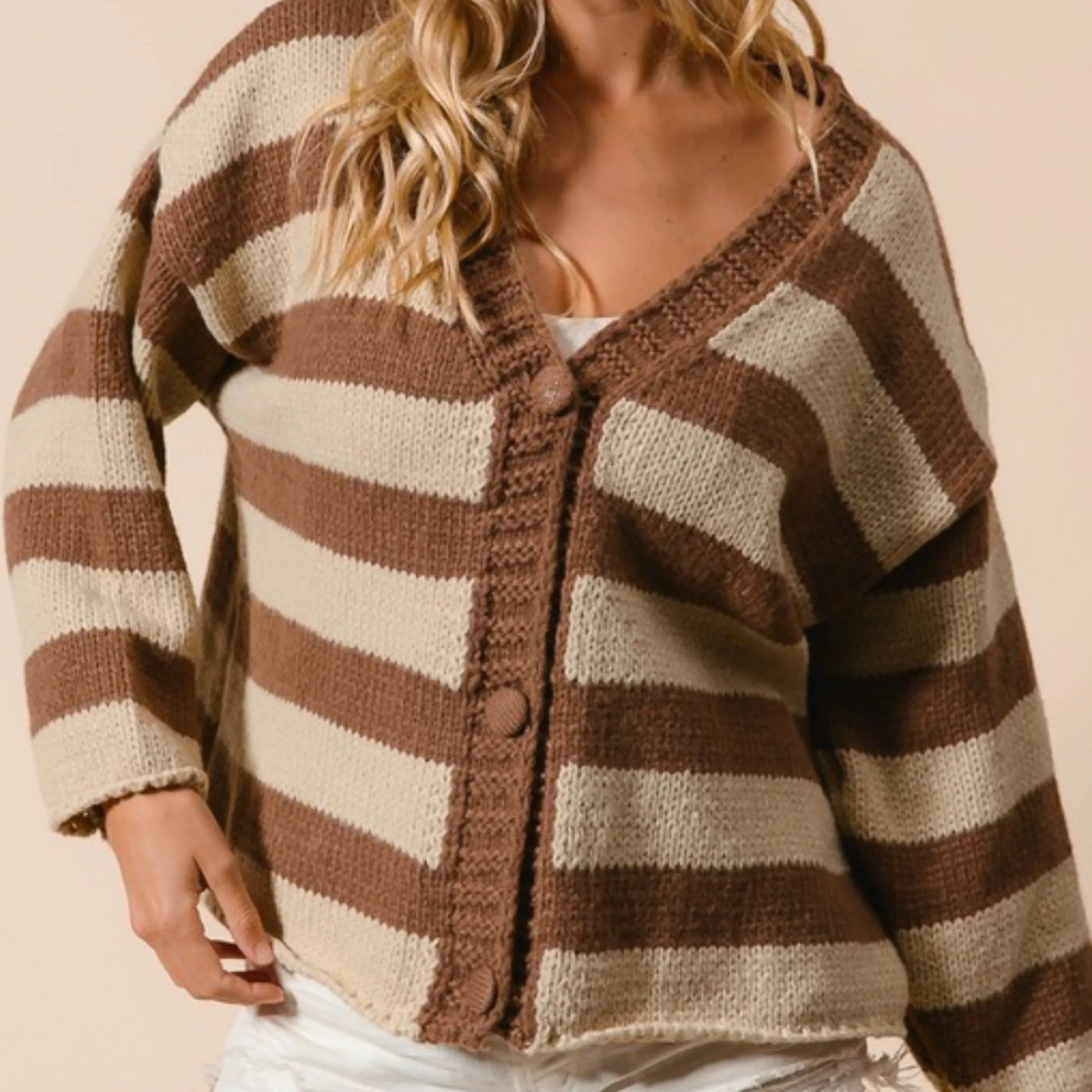 The Ann Striped V Neck Button Up Cardigan