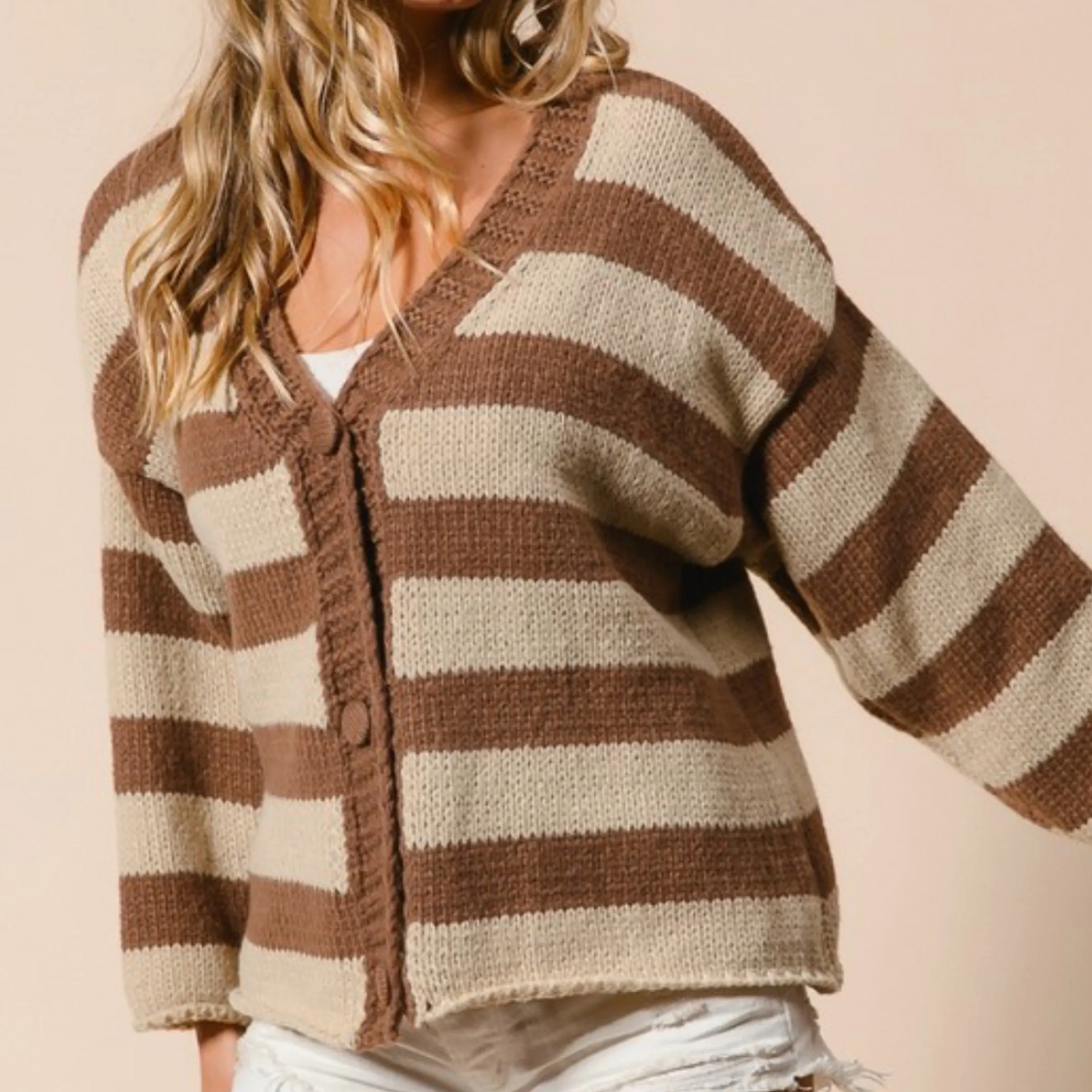 The Ann Striped V Neck Button Up Cardigan