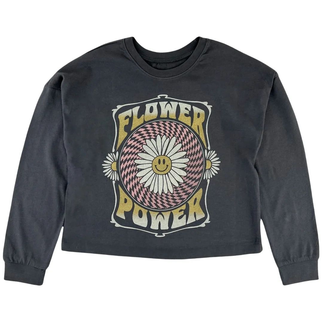 TINY WHALES STAY FLOWER POWER LONG SLEEVE TEE| FADED BLACK