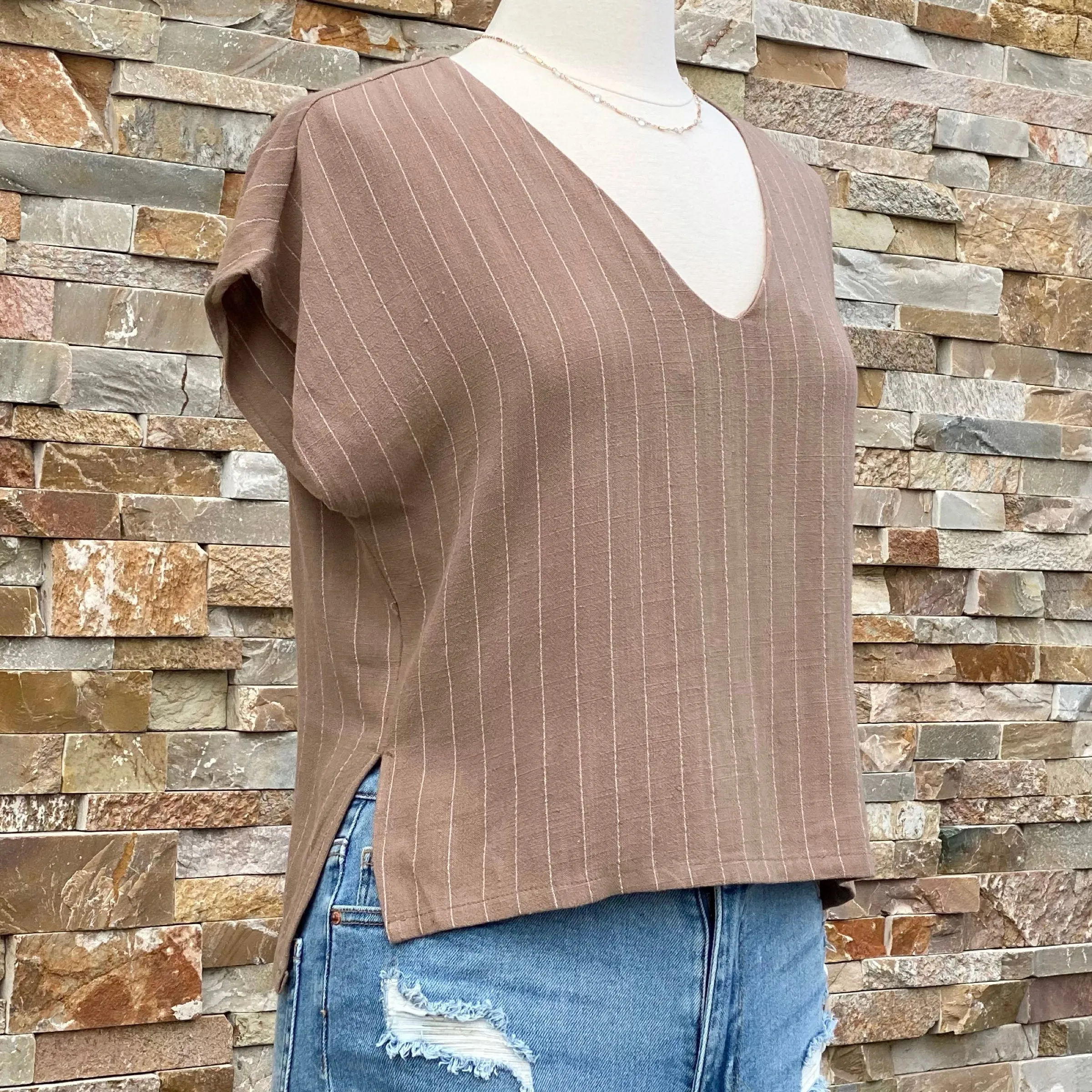 Trish Stripe High Low Top Tan