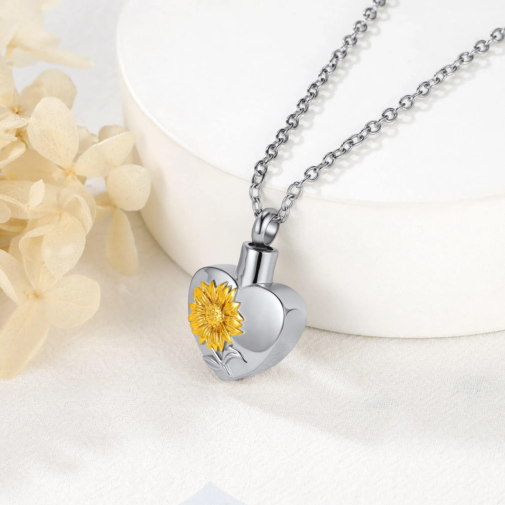 U7 Jewelry Heart Urn Necklaces for Ashes Love Sunflower Locket Pendant Cremation Jewelry