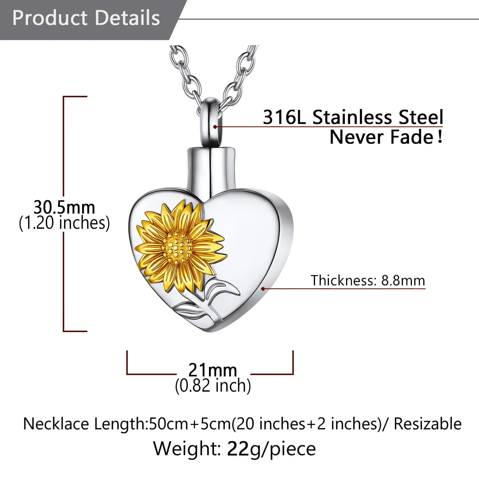 U7 Jewelry Heart Urn Necklaces for Ashes Love Sunflower Locket Pendant Cremation Jewelry